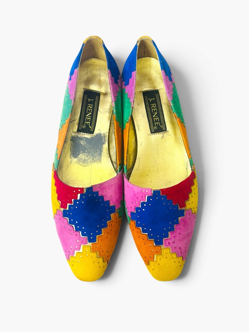 J. Renee Vintage Statement Multicolor Colorblock Suede and Gold Leather Flats 9